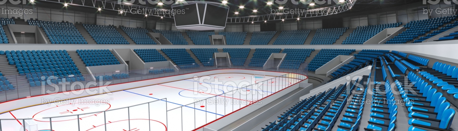 Interior hockey stadium with blue seats. 3d illustration